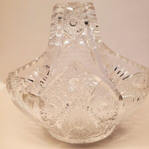 MINIATURE BOHEMIAN CZECH OVAL BASKET HAND CUT CRYSTAL GLASS DIAMOND CUT  5.5 In.